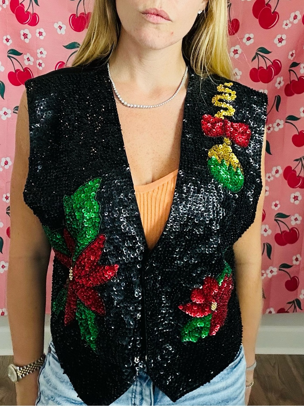 Black Sequin Floral Vest with Red & Green Accents